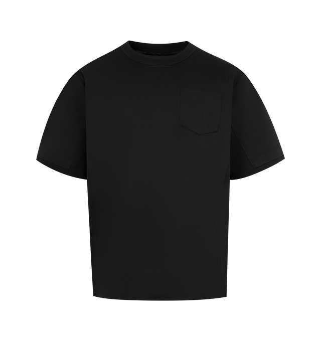 Image 1 of 2 - BLACK - SACAI Cotton Jersey T-shirt featuring rib-knit crewneck, embroidered logo and patch pocket at chest, short sleeves and dropped shoulders. 100% cotton. Made in Japan.