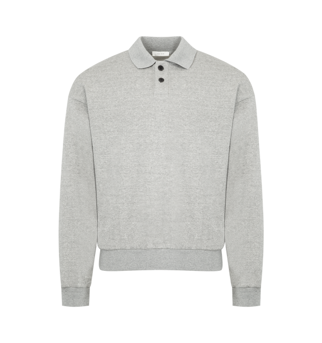 Image 1 of 2 - GREY - THE ROW Ry Sweatshirt featuring casual long-sleeved polo top in cashmere and cotton French terry with relaxed fit, front button closure, and ribbed collar, cuffs, and hem. 84% cotton, 16% cashmere. Made in Italy.