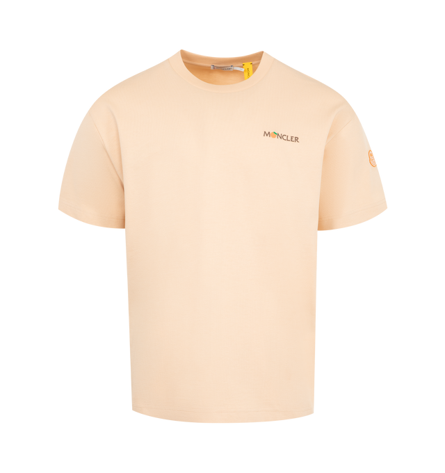 Image 1 of 2 - PINK - Moncler x Gilga Farm Designed by Donald Glover Cotton T-Shirt featuring heavy cotton jersey, ribbed crew neck, short sleeves, embroidered logo and logo patch. 100% cotton. Made in Turkey.