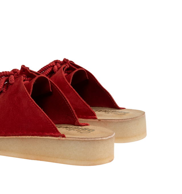 Image 3 of 4 - RED - CLARKS Desert Nomad Mule featuring suede upper, Clarks Originals heat embossed metallic foil logo on footbed, cord lace, natural Pebble Crepe sole and finished with two Clarks Originals fobs.