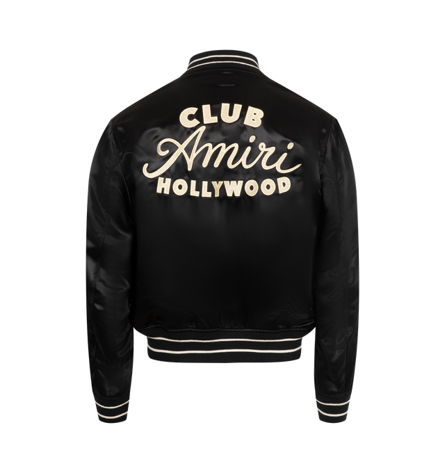 Image 2 of 3 - BLACK - AMIRI Club Amiri Bomber Satin Jacket featuring logo on chest, welt zipper pockets, double zip closure and banded rib finishes. 100% viscose. Made in Italy.
