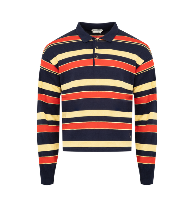 Image 1 of 3 - MULTI - JW Anderson knitted striped rugby polo top in contrast navy matte cotton and high-shine viscose, featuring anchor logo embroidery with horn buttons. 45% Cotton29% Viscose 26% Wool. Made in Italy.