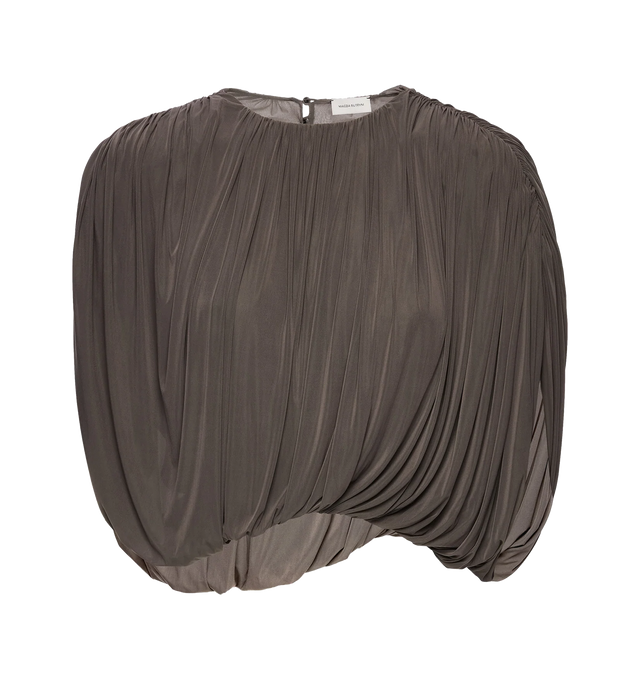 Image 1 of 2 - BROWN - MAGDA BUTRYM Ruched Bubble Top featuring a sculptural sleeveless blouse crafted from a soft cupro blend with added stretch, a rounded neckline, voluminous draping gathered at the top and hem, a smooth inner lining, light shoulder padding, elasticated hem and fastens at the back with three covered buttons and loop closures. 92% cupro, 8% elastane.