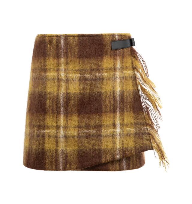 Image 1 of 4 - YELLOW - LOEWE Wrap Skirt in medium-weight mohair and wool blend featuring an allover check pattern, a wrap construction with a leather belt detail, fringes at the front, regular fit, short length, mid waist, concealed button fastening and fully lined. Mohair, wool, polyamide. Made in Italy.