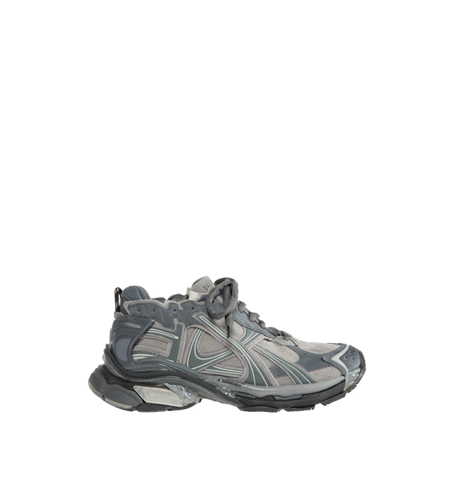 Image 1 of 5 - GREY - BALENCIAGA Runner Sneaker in grey suede cowskin, polyurethane and polyester featuring worn-out effect, printed size at the edge of the toe, debossed size at back, runner logo printed on exterior, Balenciaga logo embroidered on the tongue, Balenciaga logo at the back of the heel and Back pull-on tab. Upper: cowskin, polyurethane, polyester. Sole: rubber, TPU, EVA, polyurethane. Insole: foam. Made in China.