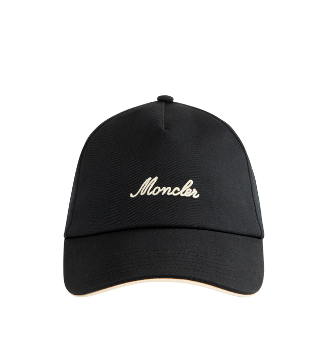 Image 1 of 2 - BLACK - MONCLER Logo Baseball Cap featuring embroidered logo on front, logo patch at back, button top, curved brim and velcro closure. Cotton.