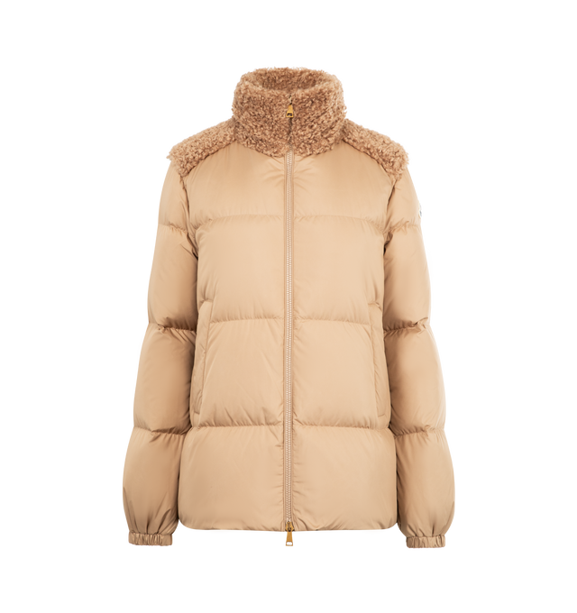 Image 1 of 3 - BROWN - MONCLER Esnaie Teddy-Trimmed Short Down Jacket featuring polyester lining, collar and back yoke in teddy fleece, down-filled, zipper closure and zipped pockets. 100% polyester. Padding: 90% down, 10% feather. Made in Moldova.