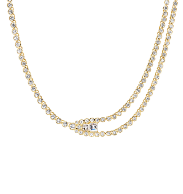 Image 2 of 3 - GOLD - UNIFORM OBJECT Tension Tennis Necklace featuring 63G of solid 18K yellow gold, 1.36 TCW asscher cut diamonds and 9.97 TCW of round diamonds. Handmade in New York City.
