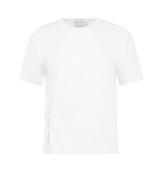 Image 1 of 2 - WHITE - DEIJI STUDIOS Pinch Tee featuring a relaxed fit, short sleeves, classic crew neckline and a pinched side seam with hook and eye closures that allow the shape to be worn cinched in or left open. 100% GOTS certified organic cotton.