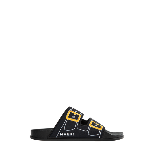 Image 1 of 4 - BLACK - MARNI Trompe L'Oeil Slider featuring padded fabric slider with trompe l'oeil embroidered buckle detailing, embellished with Marni lettering on the side and moulded footbed and rubber sole. 62% polyester, 26% polyamide/nylon, 12% elastane/spandex. Sole: 100% rubber. 