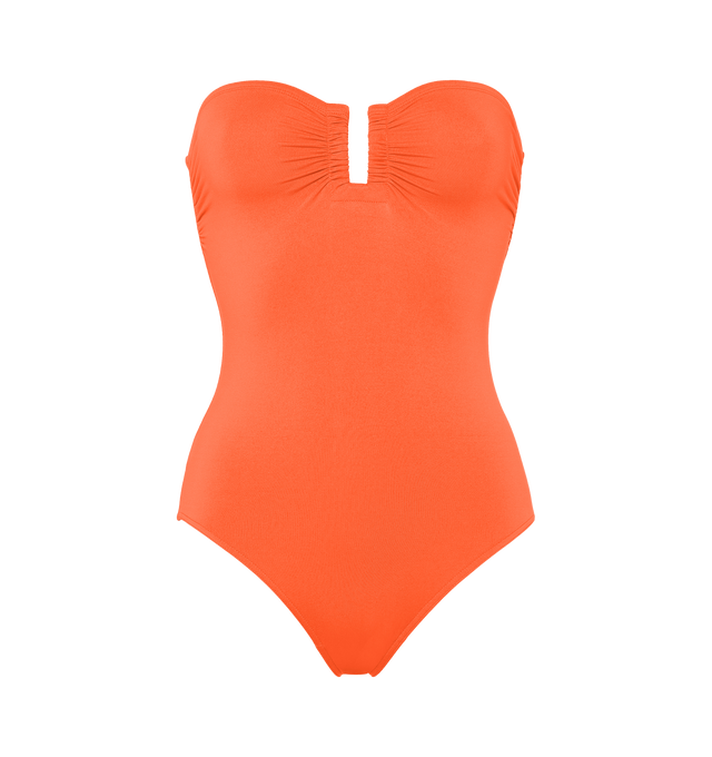 Image 1 of 6 - ORANGE - ERES Cassiope One-Piece Bustier Swimsuit featuring bust shirring at front and sides, U-shaped metal link between cups and gripper tape. Main: 84% Polyamid, 16% Spandex. Second: 68% Polyamid, 32% Spandex. Made in Italy. 