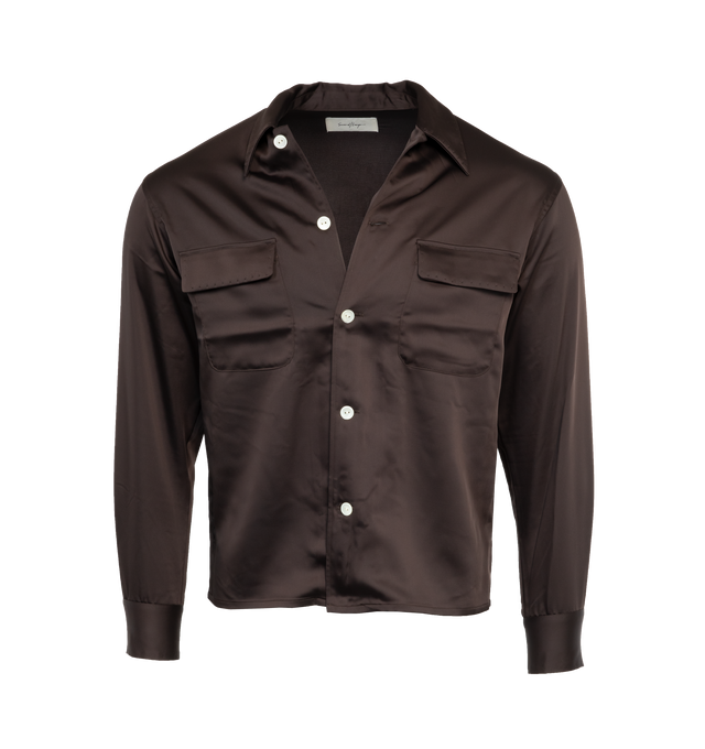 Image 1 of 3 - BROWN - SECOND LAYER Boulevard Long Sleeve Shirt featuring exagerated cowboy collar, front button closure with pearl buttons and relaxed fit. Cotton.   
