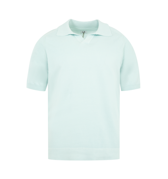 Image 1 of 3 - BLUE - C.P. COMPANY Cotton Crepe Short Sleeve Polo Sweater featuring ribbed open collar and bottom sleeves, armholes with contrast stitching, hem printed logo, gauge 14 and regular fit. 100% cotton. Made in Italy.