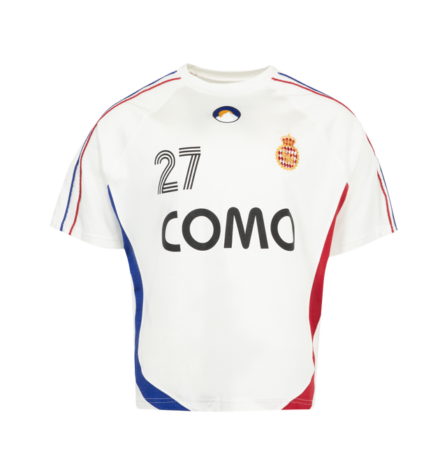 Image 1 of 2 - WHITE - RHUDE 27 Jersey Tee featuring crew neck, short sleeves, striped down side and graphic on front and back.