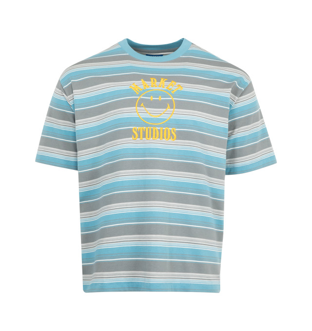 Image 1 of 2 - BLUE - MARKET Smiley Lockup Striped T-Shirt featuring crew neck, short sleeves, graphic on front, stripes throughout and relaxed fit. 100% cotton.