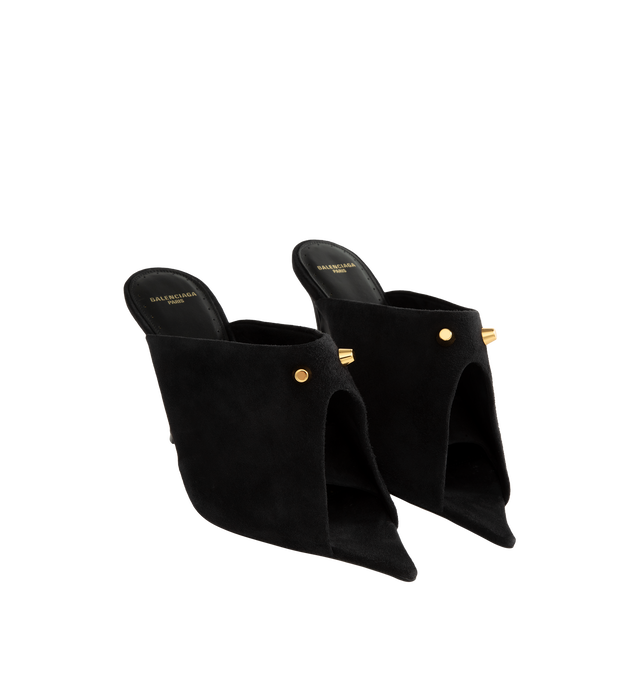 Image 2 of 4 - BLACK - Balenciaga Women's Midnight City Mule is crafted from suede goatskin and features an open-toe silhouette, a deep low-cut vamp, and a sculptural construction. Adorned with two signature City studs, this elevated mule is finished with a sculptural heel, Balenciaga Paris logo at the insole, small gold perforations along the insole edges, a tone-on-tone covered heel, and a black sole. Main Material: Goatskin Suede. Sole: Calfskin. Insole: Lambskin. Heel Height: 95 mm / 3.7 in. Made in Ita