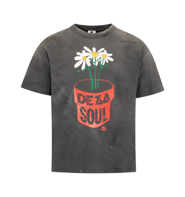 Image 1 of 2 - BLACK - SAINT MICHAEL De La Soul Tee featuring worn-in and distressed design, ribbed crewneck, short sleeves and graphic print on front and back. 100% cotton. Made in Japan.