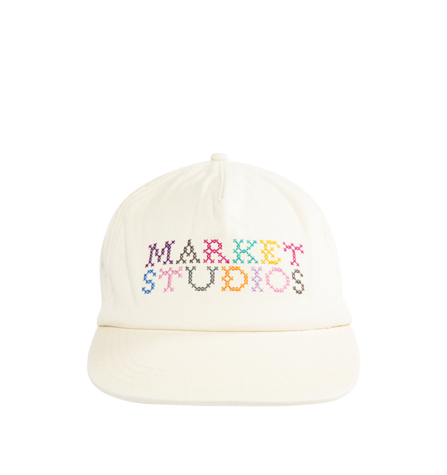 Image 1 of 2 - WHITE - MARKET Needlepoint 5-Panel Hat Pirate featuring 5-panel cap with adjustable snap-back and embroidered design on front and side.