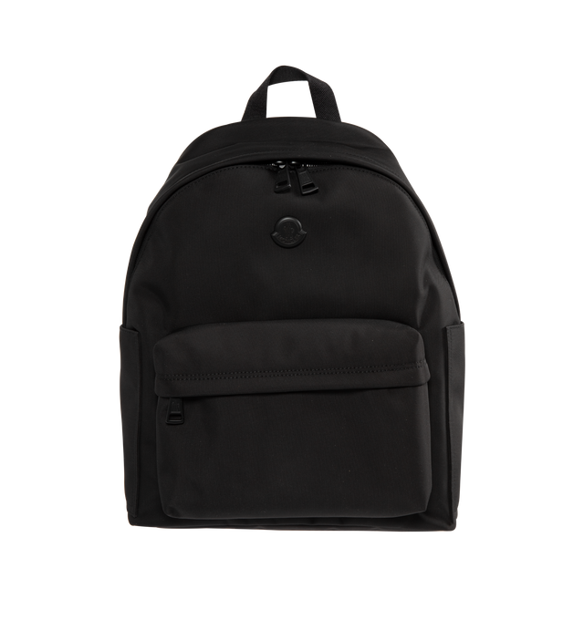 Image 1 of 3 - BLACK - MONCLER New Pierrick Water-Repellent Backpack featuring water-repellent nylon lining, leather trim, smooth leather handle, adjustable shoulder straps, two-way zipper closure, zipped pockets and metal logo. L 35 cm x H 45.5 cm x W 14 cm. 53% polyamide/nylon, 47% polyester. Lining: 100% polyamide/nylon.