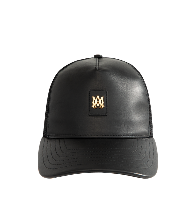 Image 1 of 3 - BLACK - AMIRI Leather MA Trucker Cap featuring mesh and buffed leather cap, logo embroidered at face, curved brim, logo plaque at snapback fastening and twill lining. 100% leather. Body 2: 100% polyester. Lining: 100% viscose. Made in United States.