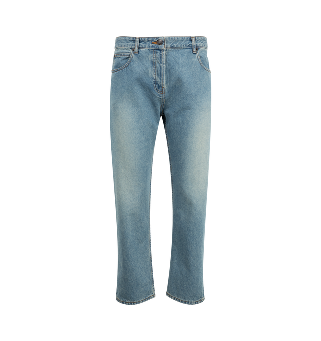 Image 1 of 3 - BLUE - THE ROW Riaco Jean featuring mid-rise jean in garment treated denim with slim fit, contrast topstitching, and classic 5-pocket construction. 100% cotton. Made in Italy.