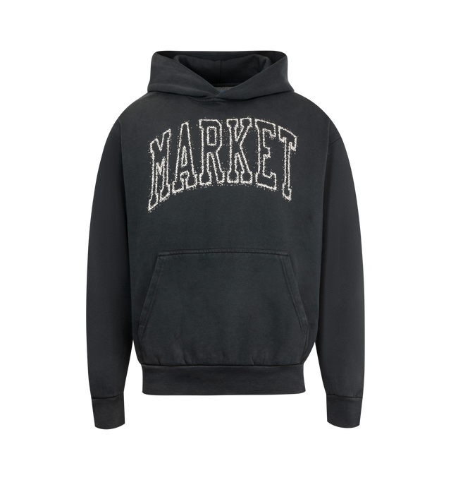 Image 1 of 2 - BLACK - MARKET Vintage Arc Logo Hoodie featuring fixed hood, banded cuffs and hem, logo on front and kangaroo pocket. 80% cotton, 20% polyester.