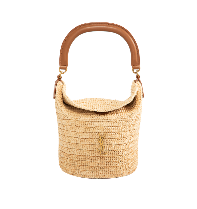Image 1 of 3 - BROWN - SAINT LAURENT Gaby Raffia Bucket Bag featuring bucket bag in woven raffia with a semi-rigid construction, decorated with the cassandre on front, a magnetic double-flap closure, top handle in vegetable-tanned leather, a detachable leather-and-chain strap for multiple carry options, bronze-tone hardware and one card slot. 6.3" X 7.5" X 4.7". Raffia, brass, leather. Made in Madagascar.