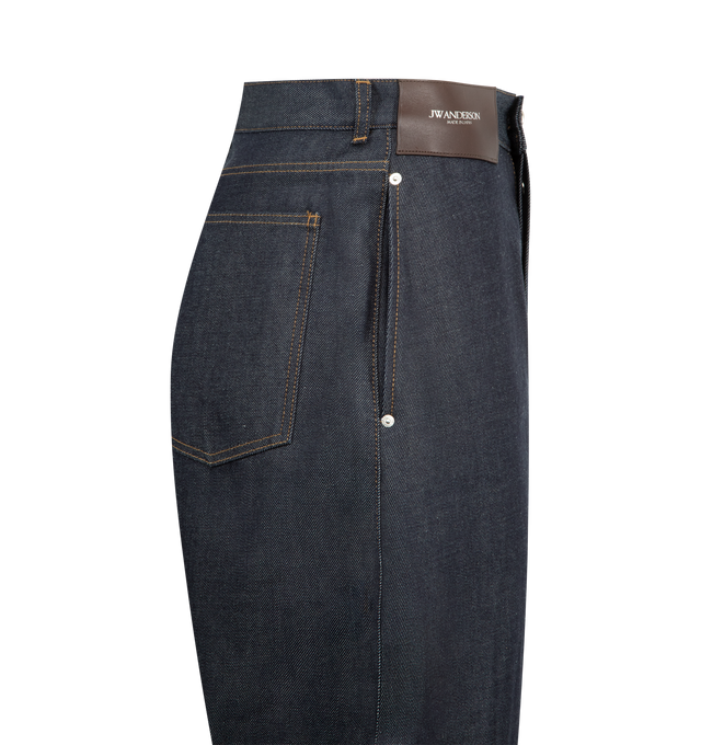 Image 5 of 5 - BLUE - JW ANDERSON Twisted Workwear Jeans featuring a workwear silhouette, diagonal seams at the legs, a patch pocket at the side, belt loops, side patch pocket, back patch pocket and zip fly with button closure. 100% cotton. Made in Italy.