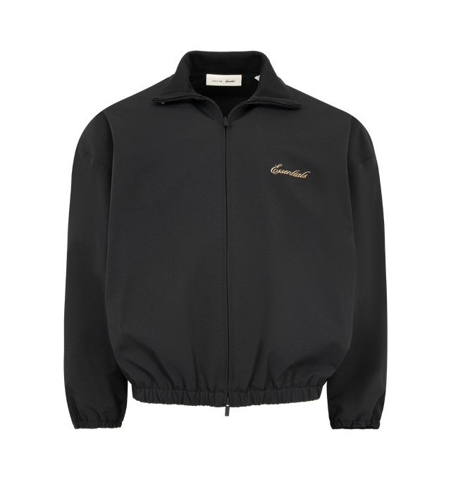 Image 1 of 3 - BLACK - FEAR OF GOD ESSENTIALS Signature Full Zip Track Jacket featuring stretch nylon taffeta, rib-knit stand collar, zip closure, logo embroidered at chest, seam pockets at waist, elasticized hem and cuffs, rubberized logo patch at back collar and full mesh lining. 90% nylon, 10% spandex.