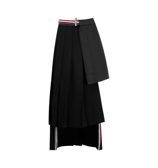 Image 1 of 2 - BLACK - THOM BROWNE Wrap Pleated Midi Skirt featuring paneled cashmere melton and silk-blend twill, midi length, wrap construction, pleats throughout, button fastening at waistband, tricolor grosgrain trim at interior, asymmetric hem and tricolor grosgrain flag at back waist 100% cashmere. 51% silk, 49% wool. Lining: 100% cupro. Made in Italy.