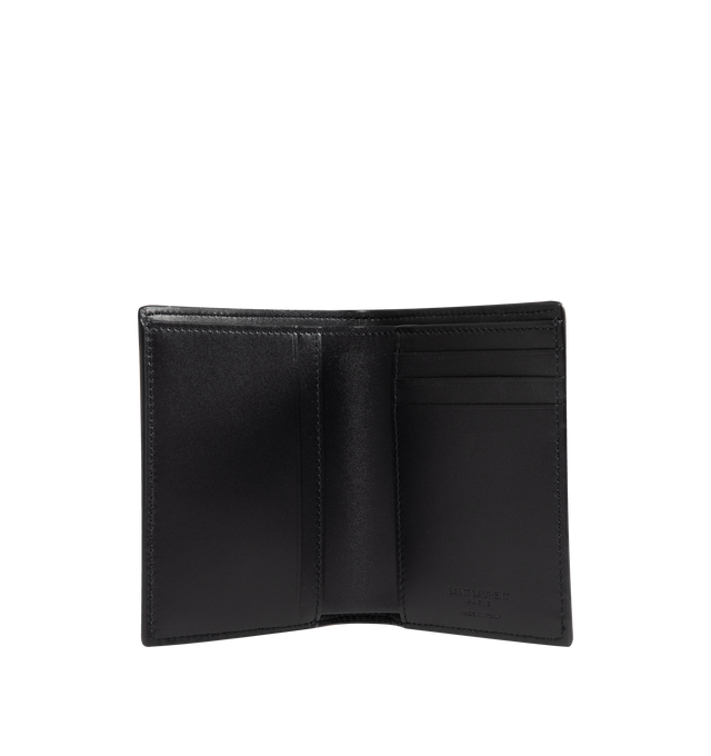 Image 3 of 3 - BLACK - SAINT LAURENT Credit Card Wallet featuirng single-fold wallet embossed with a Saint Laurent Paris signature, silver-toned metal hardware, four credit card slots, two receipt compartments and one bill compartment. 3.5 x 4.5 x 0.8 inches. Calfskin. Made in Italy.