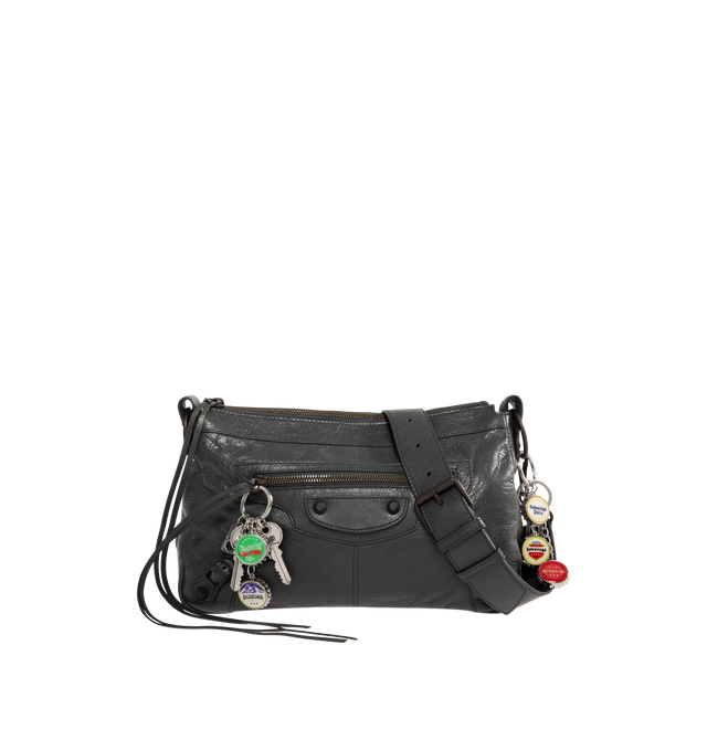 Image 1 of 4 - BLACK - BALENCIAGA Le City Moto Small BAG in volcanic rock Arena Storico lambskin featuring bottle caps charms, one removable shoulder strap, crossbody and shoulder carry, brass hardware, zipped closure with knotted leather puller, front zipped pocket with knotted leather puller, 1 main compartment, 1 inner zipped pocket and cotton canvas lining. L11 x H7.5 x W5.5 inch. Lambskin, brass, zamak. Made in Italy.