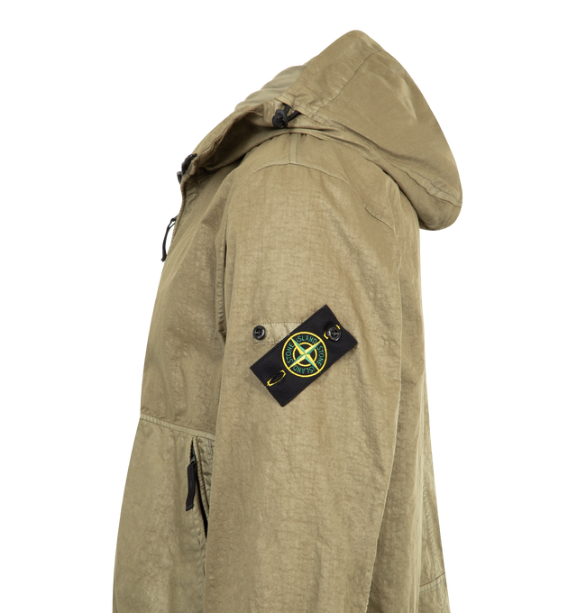 Image 3 of 3 - BROWN - STONE ISLAND Hooded Jacket featuring lined hood with fixed elasticated drawcord, front yoke, angled hand pockets with concealed zipper, Stone Island badge on left sleeve, elasticated cuffs, drawcord with stoppers at bottom hem and high-neck two-way zipper fastening. 100% polyamide/nylon.