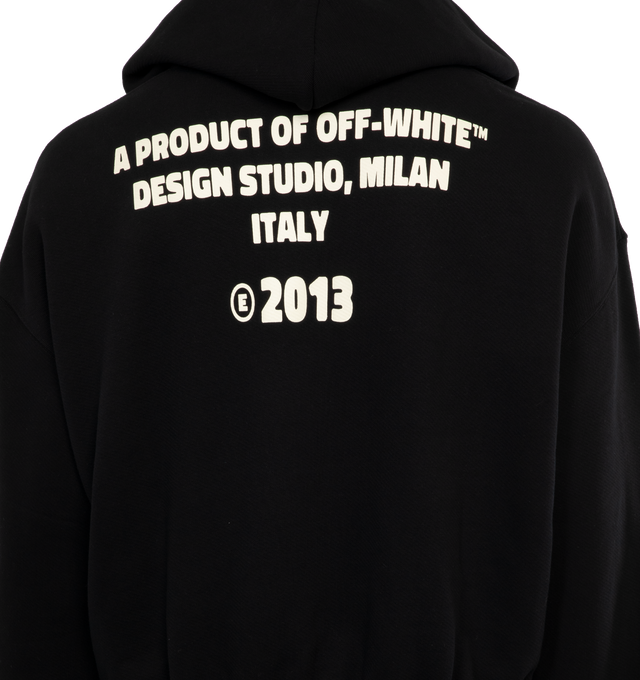 Image 4 of 4 - BLACK -  OFF-WHITE CRYST ROUND LOGO OVER HOODIE has the Off White logo in the center in an oval filled with red crystals, with a drawstring hood, wording on the back and kangaroo pockets. 100% cotton. 