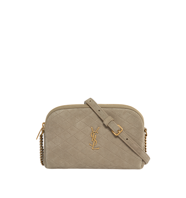 Image 1 of 3 - NEUTRAL - SAINT LAURENT Gaby Zipped Pouch in Suede featuring diamond quilted overstitching, zip closure, one main compartment and bronze toned hardware. 7.5 X 4.3 X 1.2 inches. 70% calfskin leather, 30% metal. 