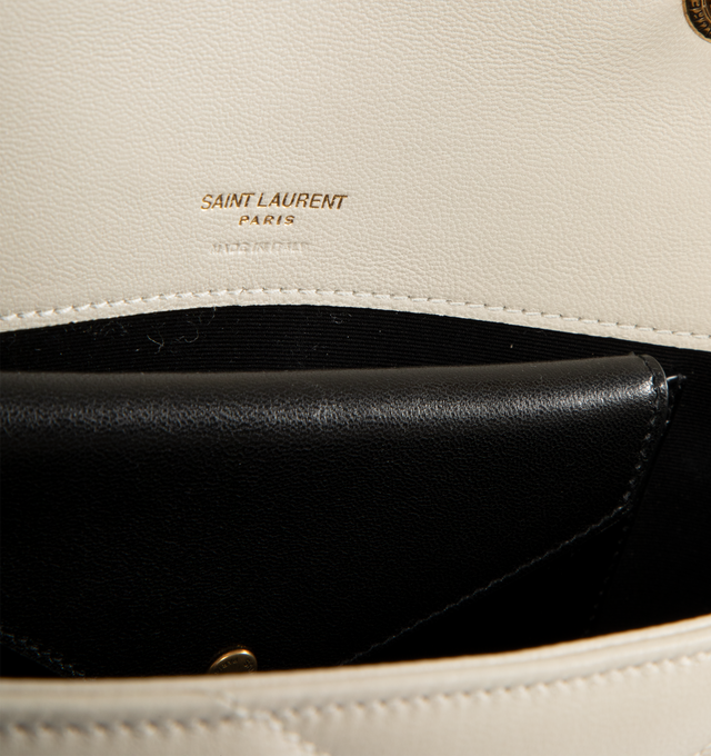 Image 4 of 4 - WHITE - SAINT LAURENT Loulou Small Bag featuring chain bag in soft lambskin with chevron-quilted topstitching, a removable leather pouch and pocket mirror, a sliding chain strap, grosgrain lining, bronze-toned hardware, magnetic snap closure and one flat pocket. 9.4" x 5.5" x 2.4". 90% lambskin, 10% brass. Made in Italy.