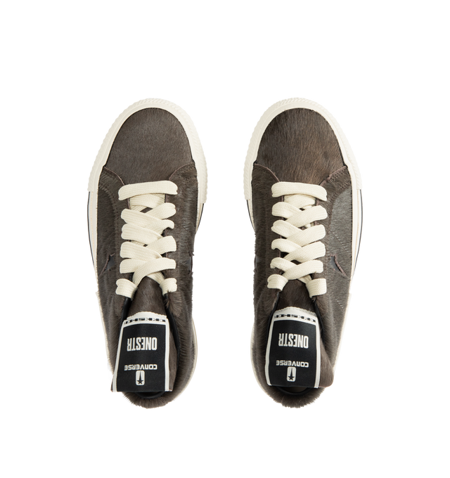 Image 5 of 5 - BLACK - DRKSHDW X CONVERSE Calf Hair Low-Top Sneakers featuring an extra-textured hair-on-hide leather upper with exaggerated width proportions, flat heel, round toe, lace-up vamp, signature DRKSHDW elongated tongue with woven label, custom DRKSHDW Star logo on the side, skateboard One-Star Converse sole, DRKSHDW license plate with pentagram collab logo on the left heel, Converse All-Star logo on the right heel and CX foam cushioned internal midsole.