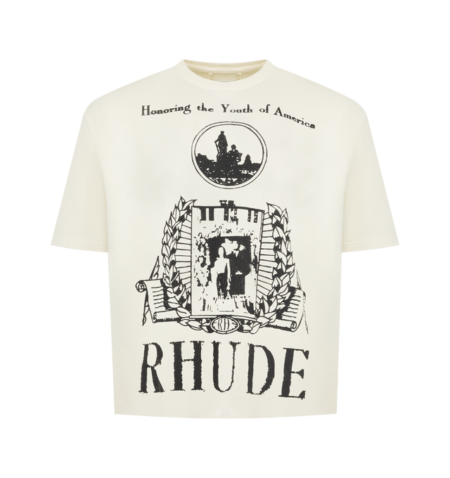 Image 1 of 2 - WHITE - RHUDE Youth of America T-shirt featuring graphic print on front, jersey cotton, crewneck, short sleeves and pulls over. 100% cotton. Made in USA.
