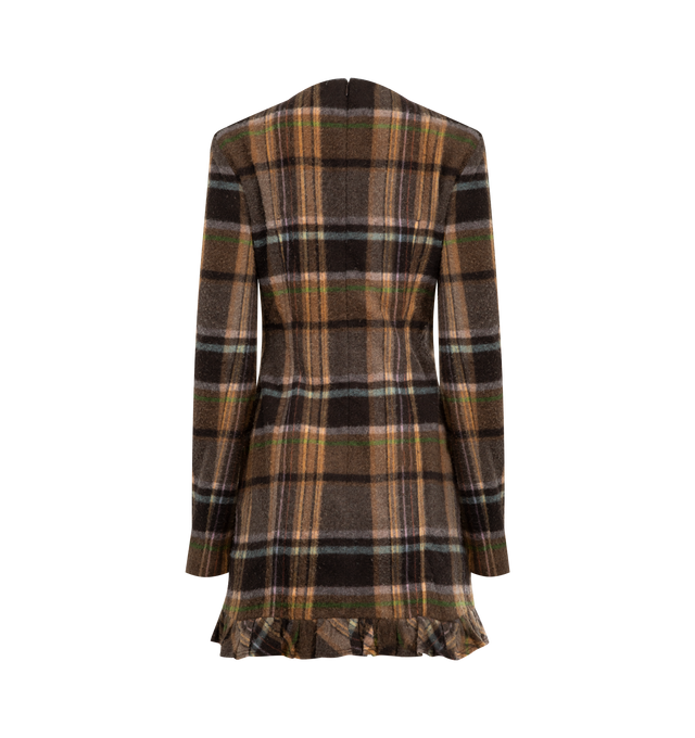 Image 2 of 2 - BROWN - ACNE STUDIOS Wool Mini Dress featuring a midweight textured wool blend in a check pattern, shaped with darts for a soft hourglass silhouette, bow detail at the chest, a ruffled skirt hem, cut to a fitted style and mid-thigh length. 70% wool, 25% nylon, 5% other fibres. Lining: 33% polyester, 67% acetate.