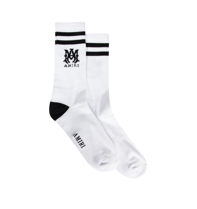 Image 1 of 2 - WHITE - AMIRI MA Core Logo Socks featuring calf-high knit stretch cotton-blend socks, jacquard stripes and logo at rib-knit cuffs and jacquard logo at sole. 78% cotton, 20% polyester, 2% elastane.