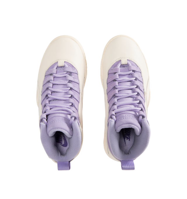 Image 5 of 5 - PURPLE - JORDAN Air Jordan 10 Retro Sneaker featuring tumbled Chalk leather with luxe Hydrangea nubuck blooming on the upper, Jumpman logo on the outsole, full-length Nike Air cushions, lace up closure, foam midsole with encapsulated Air unit and rubber outsole.