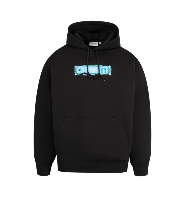 Image 1 of 2 - BLACK - CARHARTT Hooded Electric Boogie Sweatshirt featuring pull-on styling, attached hood with drawstring closure, front kangaroo pocket, front and back printed logo, ribbed trim and heavyweight knit fabric with fleece lining. 57% cotton, 43% polyester. 97% cotton, 3% elastane.