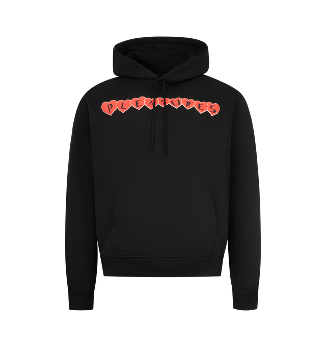 Image 1 of 2 - BLACK - PLEASURES Grin Hoodie featuring relaxed fit, drawstring hood, graphic on front and back, ribbed cuffs and hem and kangaroo pocket. 65% cotton, 35% polyester.