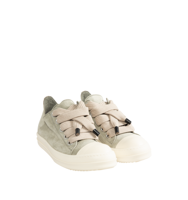 Image 2 of 5 - NEUTRAL - Rick Owens DRKSHDW Men's Jumbolace Low Sneaks are crafted from overdyed 13oz denim and feature an under-ankle silhouette with the brand's signature jumbo laces, toe caps, and shark-tooth soles. Designed with five eyelets and a soft washed finish, the sneakers blend exaggerated proportions with DRKSHDW's distinctive utility-inspired aesthetic. Main Material: 100% Cotton. Toe: 70% Polyurethane, 30% Viscose. Lining: 100% Cotton. Sole: 100% Thermoplastic Rubber.