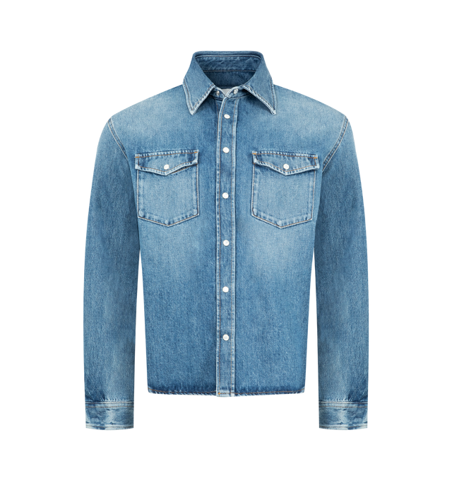 Image 1 of 2 - BLUE - GIVENCHY Couture Seam Denim Shirt featuring long-sleeves, classic collar, GIVENCHY Paris leather patch on the upper back, button closure, butonned cuffs, mother-of-pearls buttons, two chest pockets and couture seams for a rounded proportion. 100% cotton. Made in Italy.