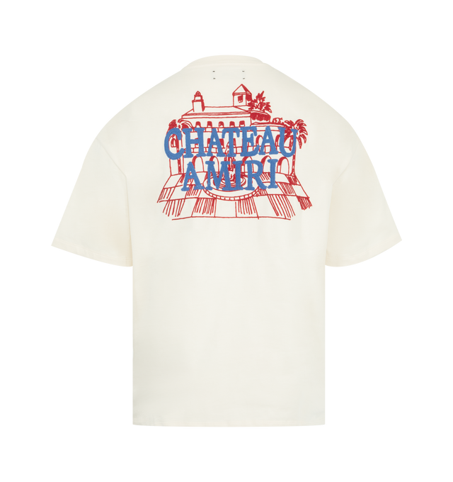Image 2 of 2 - WHITE - AMIRI MA Chateau T-shirt featuring cotton jersey, short sleeves, rib-knit crewneck, logo graphic printed at chest and back, dropped shoulders and oversized fit. 100% cotton. Made in Italy.