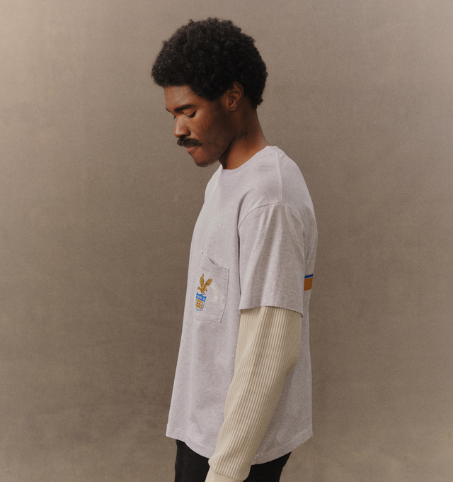 Image 6 of 7 - GREY - Cherry LA Men's Motors Layered Thermal T-Shirt is crafted from a poly-cotton blend and features a boxy-fit silhouette with custom layered thermal sleeves. Designed with a chest pocket, screen-printed graphics at the chest and back, and a relaxed everyday fit, this style combines vintage-inspired layering details with Cherry LA's signature graphic aesthetic. Main Material: Poly-Cotton Blend. Made in Los Angeles, California.