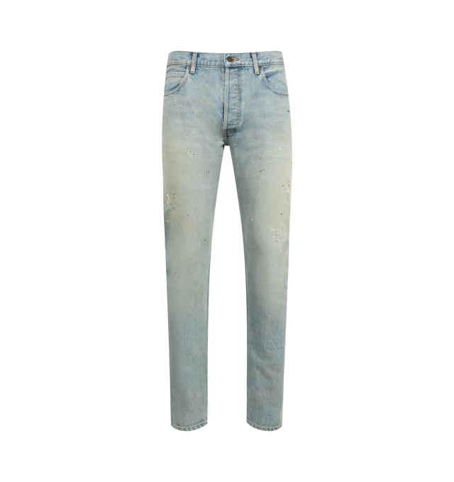 Image 1 of 3 - BLUE - SEEKINGS Slim Jeans featuring vintage wash with light abrasions throughout, 5 pocket styling, button fly, high rise, slim leg, leather patch on back of waistband and logo engraved hardware. 100% cotton. Made in Japan.