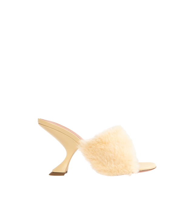 Image 1 of 4 - NEUTRAL - AMINA MUADDI Taylor Fur Slippers 90 featuring 90mm slanted heel, rounded open toe, beige fur strap and slip on style. Upper: 100% lamb leather. Lining: 100% goatskin. Sole: 90% calfskin, 10% TPU. Made in Italy.