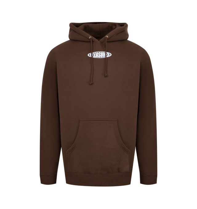 Image 1 of 2 - BROWN - PLEASURES Overview Logo Graphic Hoodie featuring drawstring hood, kangaroo pocket, ribbed cuffs and hem and graphic on front and back. 57% cotton, 43% polyester.